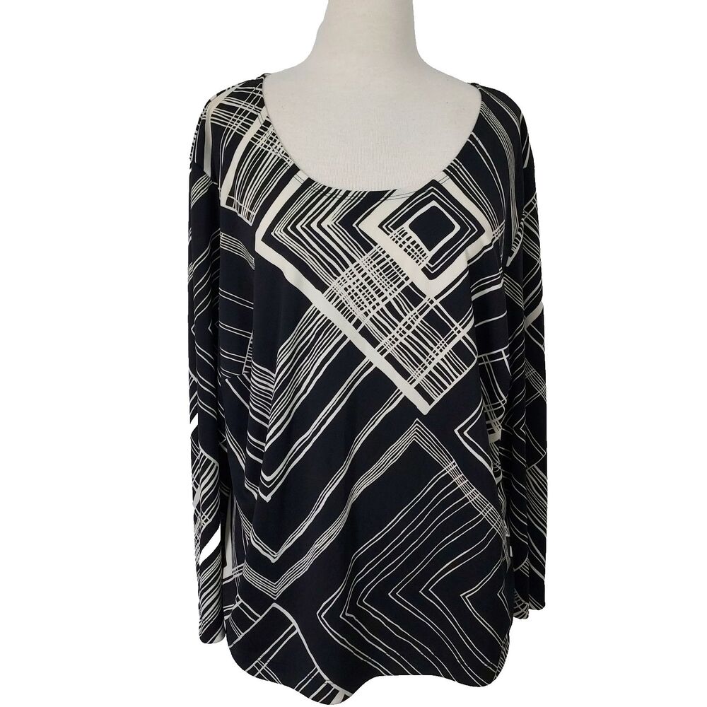 Francesca Rose 11 Women Plus 2X Shirt Black White Geometric Long Sleeve Top